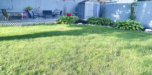 view of yard featuring a wooden deck and a storage unit