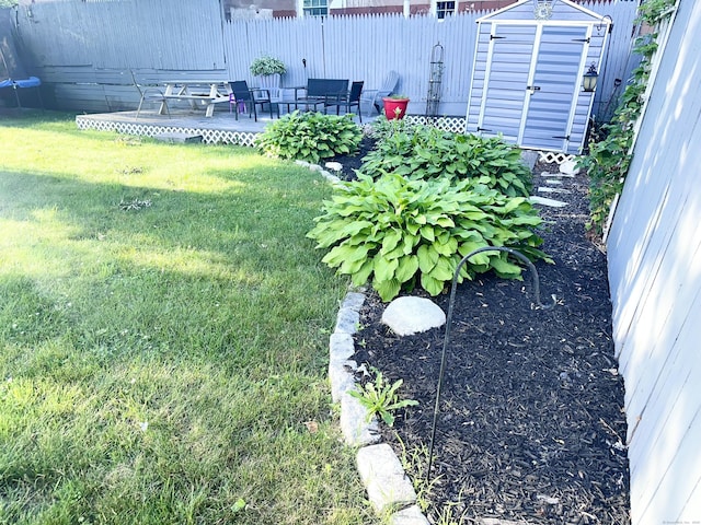 view of yard featuring a wooden deck and a shed