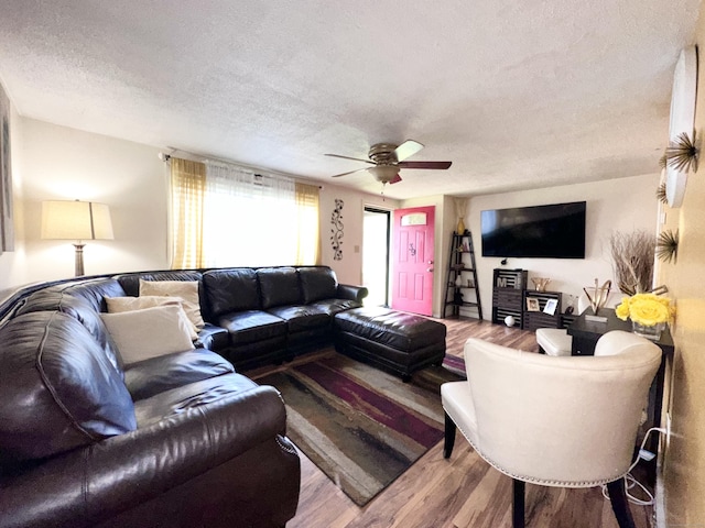 living room featuring ceiling fan, hardwood / wood-style flooring, and a textured ceiling