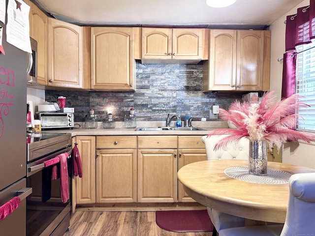 kitchen featuring stainless steel appliances, light hardwood / wood-style floors, sink, and light brown cabinets