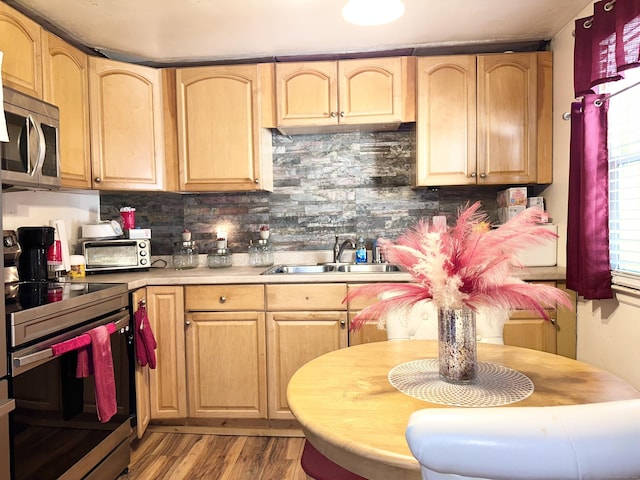 kitchen featuring sink, light hardwood / wood-style flooring, stainless steel appliances, and light brown cabinets