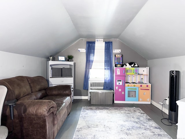 interior space with lofted ceiling and dark hardwood / wood-style flooring