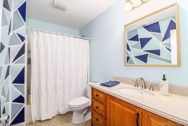 full bathroom with vanity, shower / bath combination with curtain, tile patterned floors, and toilet