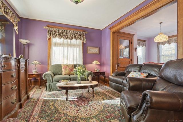 living room with baseboards, ornamental molding, a wealth of natural light, and wood finished floors