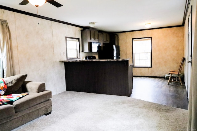 kitchen with a peninsula, a ceiling fan, crown molding, and refrigerator