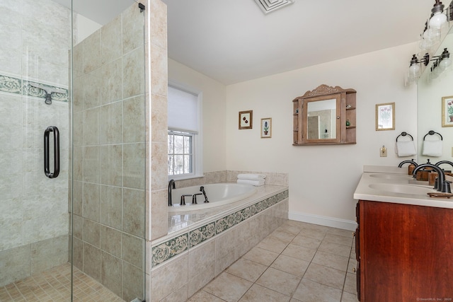 bathroom featuring a stall shower, visible vents, tile patterned floors, and a bath