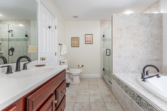 bathroom featuring a garden tub, tile patterned flooring, vanity, visible vents, and a shower stall