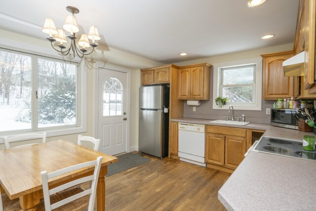 kitchen featuring light countertops, exhaust hood, appliances with stainless steel finishes, and a sink