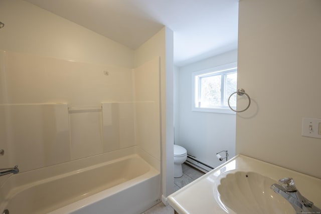 bathroom with tile patterned flooring, a sink, toilet,  shower combination, and a baseboard radiator