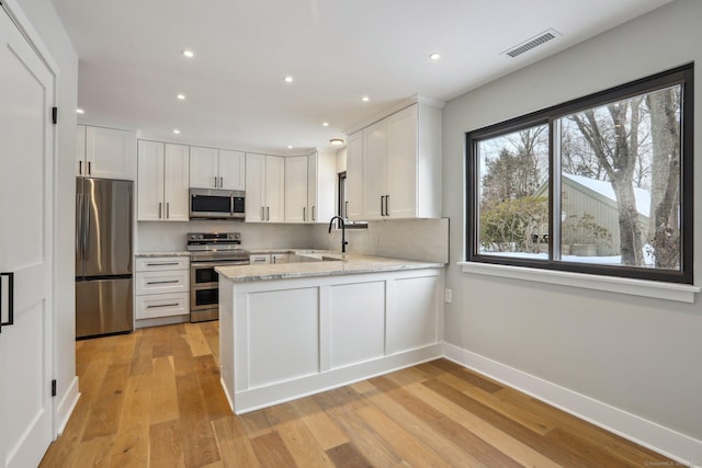 kitchen featuring sink, backsplash, stainless steel appliances, white cabinets, and kitchen peninsula