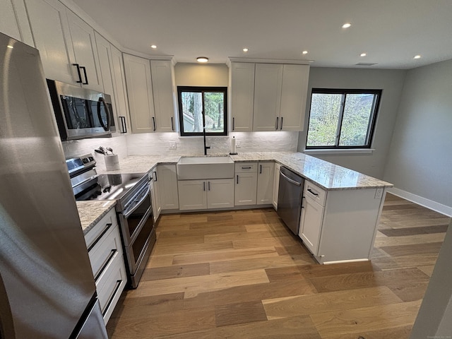 kitchen featuring a peninsula, a wealth of natural light, appliances with stainless steel finishes, and a sink