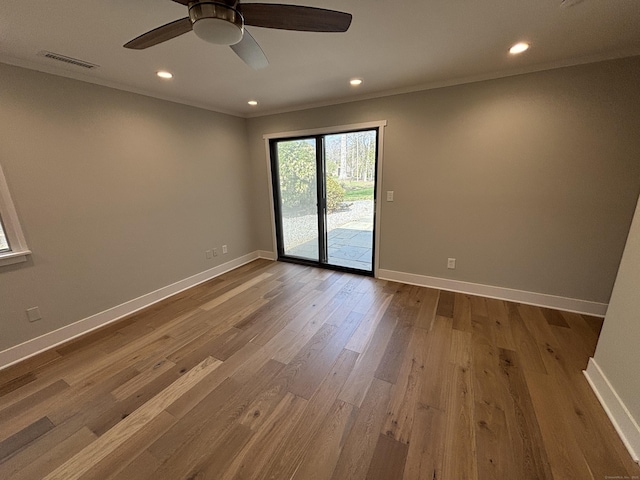unfurnished room with baseboards, a ceiling fan, visible vents, and recessed lighting