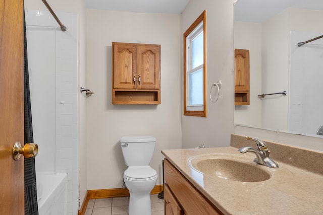 full bathroom featuring shower / tub combination, vanity, toilet, and tile patterned flooring