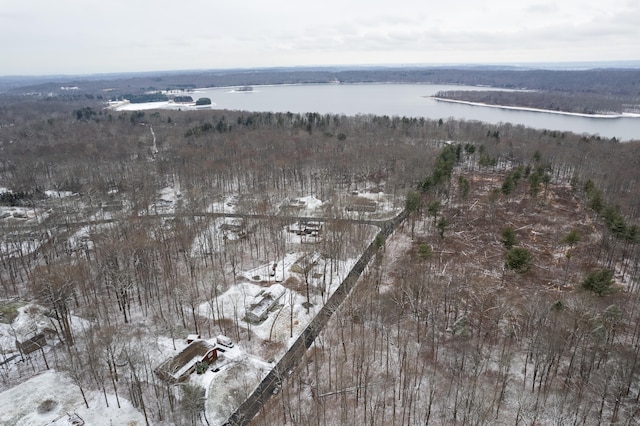 snowy aerial view featuring a water view