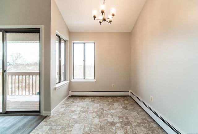 unfurnished room with baseboard heating and a chandelier