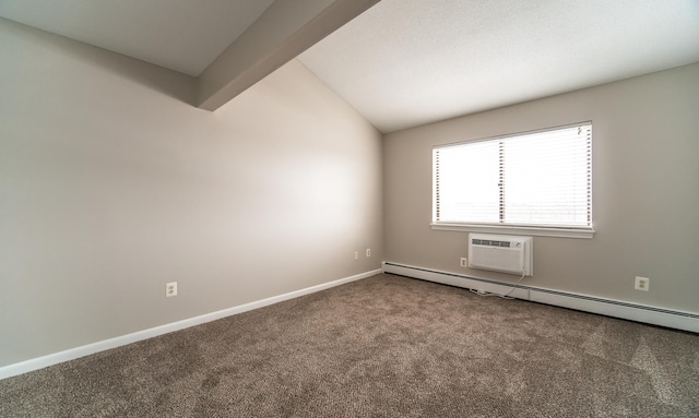 carpeted spare room with a baseboard heating unit, a wall unit AC, and vaulted ceiling with beams