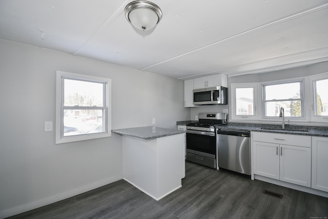 kitchen featuring sink, dark stone countertops, stainless steel appliances, a healthy amount of sunlight, and white cabinets