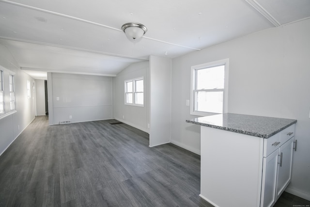 interior space with dark wood-type flooring and vaulted ceiling