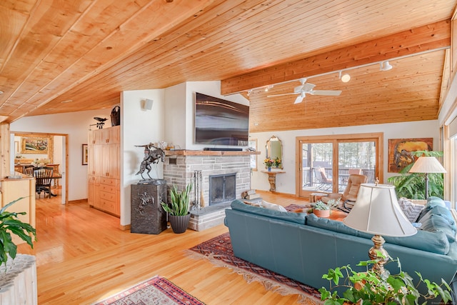 living room with lofted ceiling with beams, wood ceiling, a fireplace, and wood finished floors