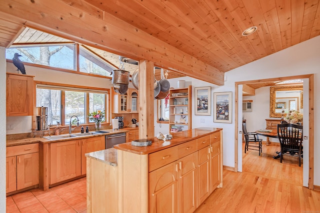 kitchen featuring lofted ceiling with beams, a center island, a sink, light brown cabinets, and stainless steel dishwasher