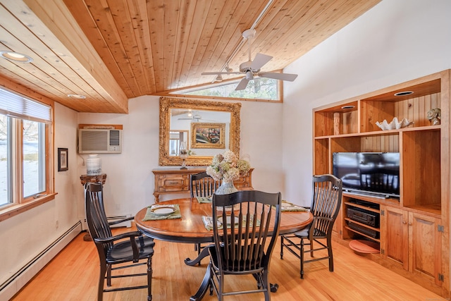 dining area featuring a wall unit AC, wood ceiling, light wood-style floors, vaulted ceiling, and baseboard heating