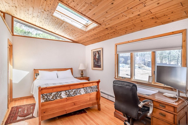 bedroom featuring vaulted ceiling with skylight, light wood finished floors, baseboard heating, and wooden ceiling