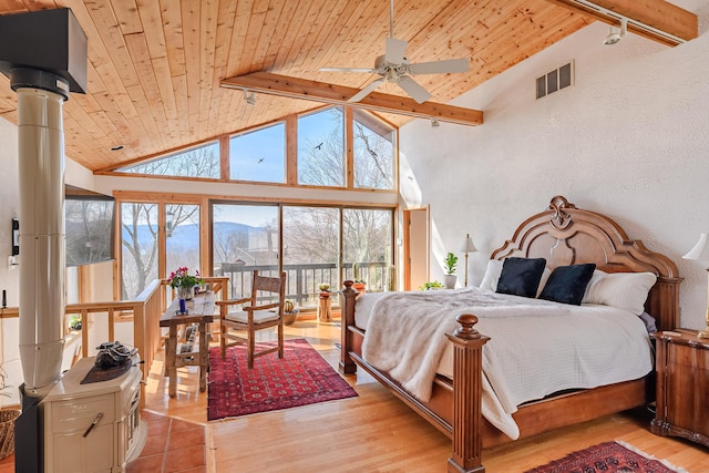 bedroom featuring access to exterior, visible vents, light wood-style flooring, high vaulted ceiling, and wooden ceiling