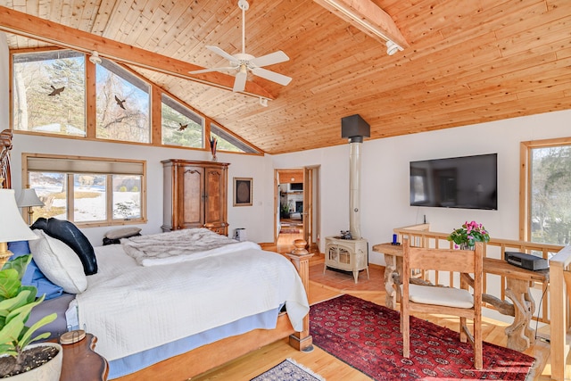 bedroom with a wood stove, wooden ceiling, light wood-type flooring, and multiple windows