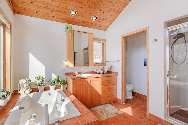 full bathroom with wooden ceiling, toilet, vanity, vaulted ceiling, and a stall shower