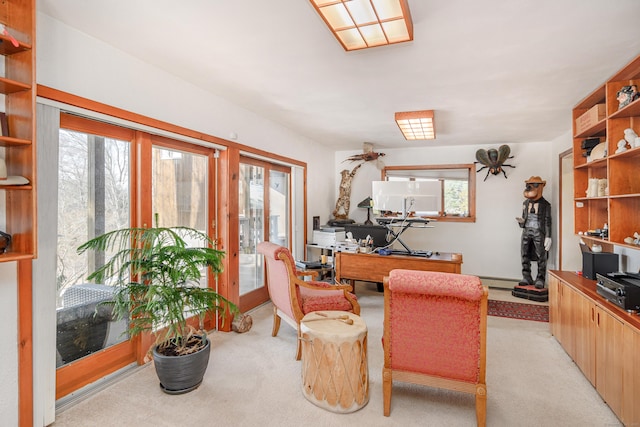 office area featuring a baseboard radiator and light colored carpet