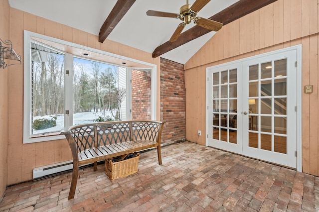 sunroom / solarium with french doors, ceiling fan, a healthy amount of sunlight, and lofted ceiling with beams