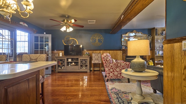 49 Quinebaug Ave, Putnam, CT 06260 - dining room with a ceiling fan, wood finished floors, a chandelier, and beam ceiling