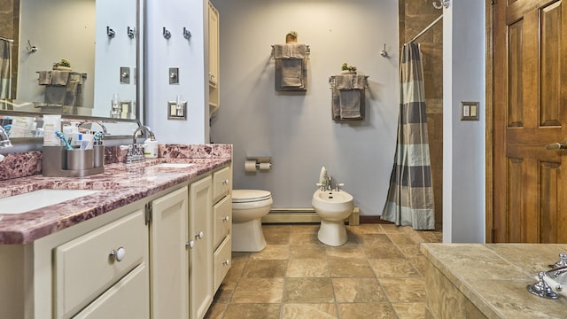 49 Quinebaug Ave, Putnam, CT 06260 - full bath featuring a baseboard heating unit, toilet, a bidet, a shower with curtain, and double vanity