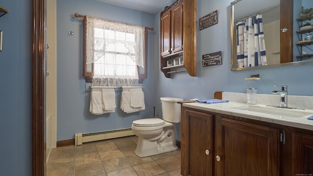 49 Quinebaug Ave, Putnam, CT 06260 - full bathroom with a baseboard radiator, toilet, baseboards, vanity, and a shower with curtain