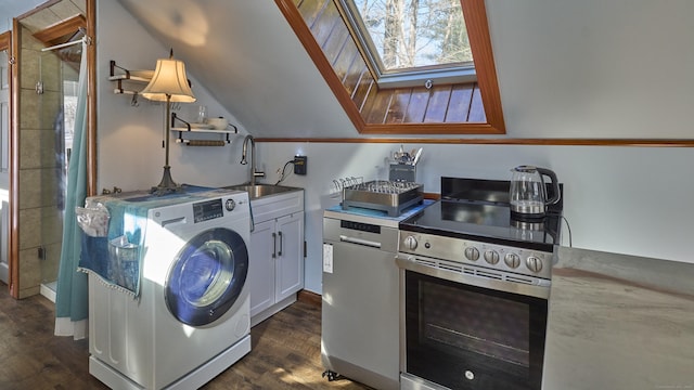 49 Quinebaug Ave, Putnam, CT 06260 - laundry area featuring washer / clothes dryer, dark wood-type flooring, and a skylight
