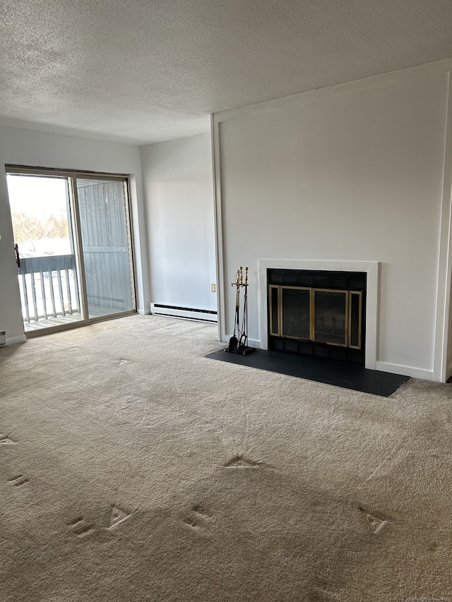 unfurnished living room with a baseboard radiator, a textured ceiling, and carpet flooring