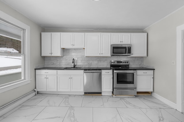 kitchen featuring stainless steel appliances, sink, white cabinets, and backsplash