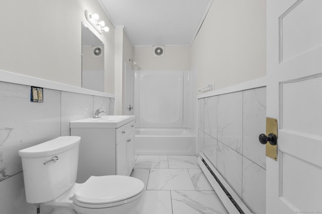 full bathroom featuring shower / tub combination, a baseboard radiator, tile walls, vanity, and toilet