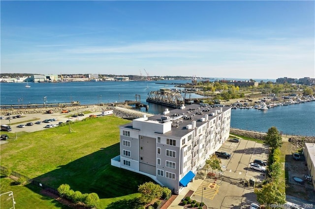 aerial view featuring a water view