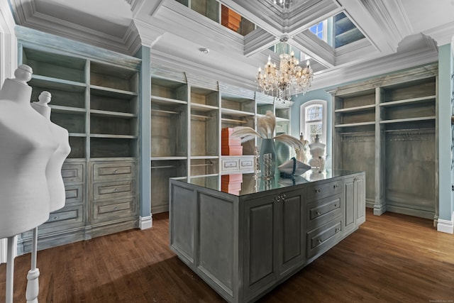 131 Burr Hill Rd, Killingworth, CT 06419 - spacious closet featuring coffered ceiling, dark wood-style floors, and a chandelier