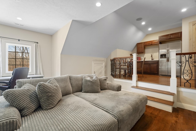 131 Burr Hill Rd, Killingworth, CT 06419 - bedroom featuring visible vents, lofted ceiling, recessed lighting, stainless steel fridge with ice dispenser, and dark wood finished floors