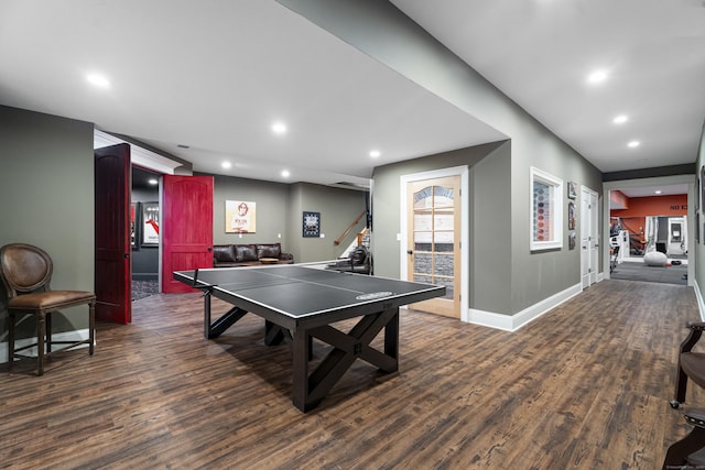 game room featuring baseboards, dark wood-style flooring, and recessed lighting