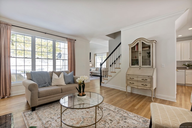 living room featuring ornamental molding and light hardwood / wood-style flooring