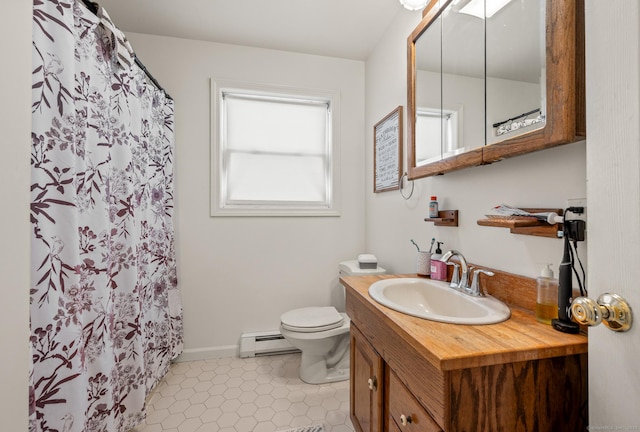 bathroom with baseboards, toilet, tile patterned floors, vanity, and a baseboard heating unit