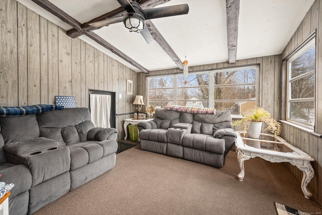 carpeted living room featuring a healthy amount of sunlight, beamed ceiling, and wooden walls