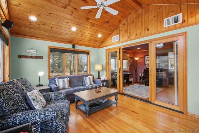 living room with wood ceiling, visible vents, and wood finished floors