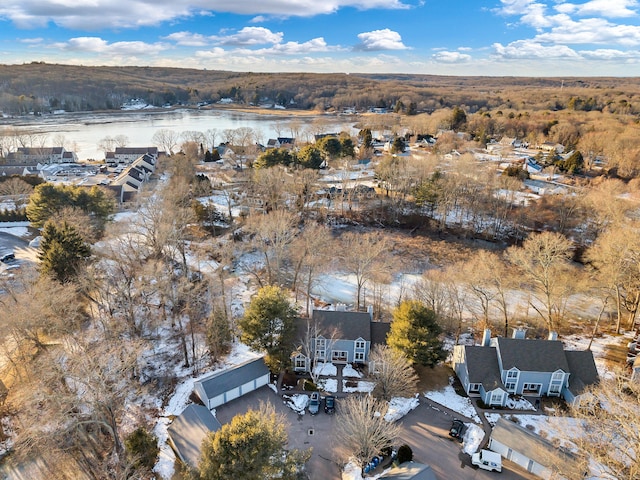 bird's eye view with a water view