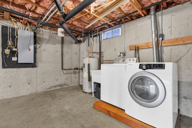 clothes washing area with independent washer and dryer, electric panel, and water heater