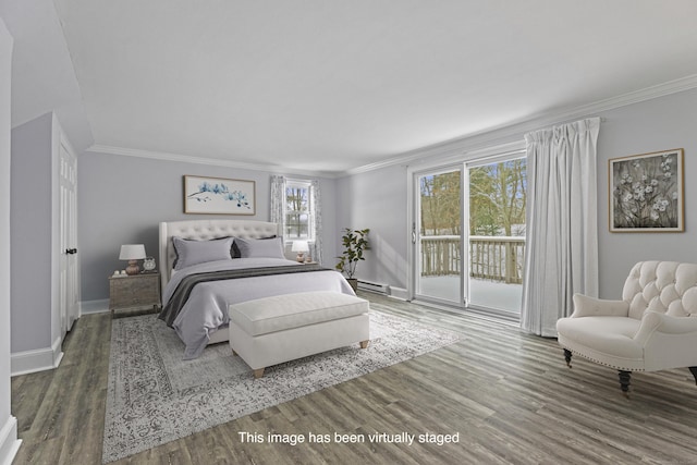 bedroom with access to exterior, a baseboard heating unit, ornamental molding, and wood finished floors