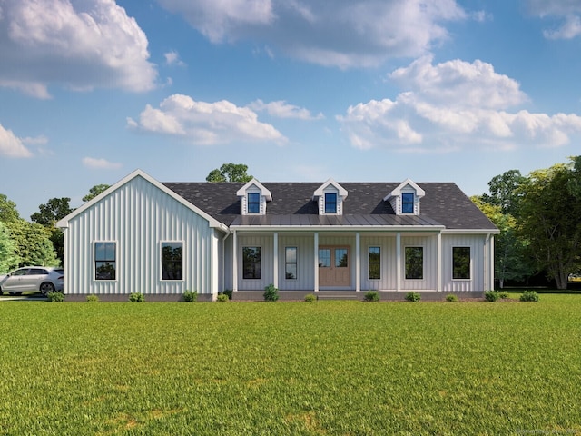 view of front of house with covered porch and a front lawn